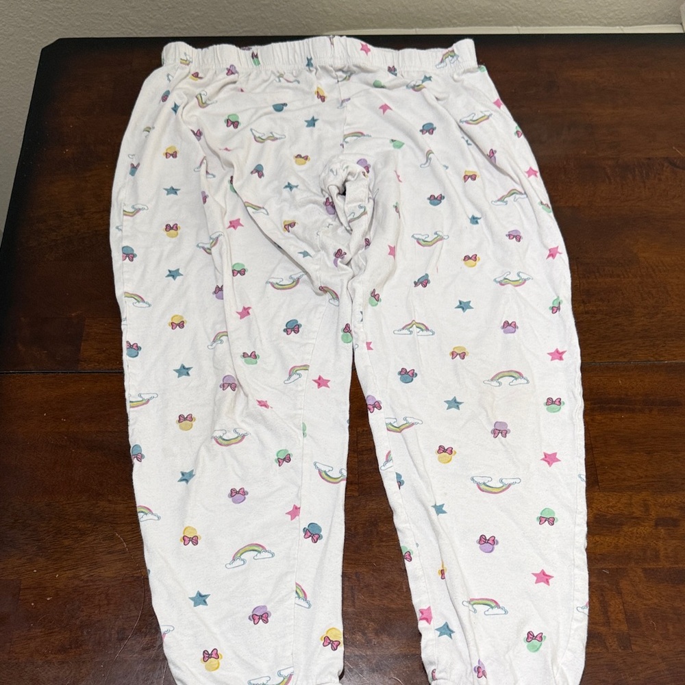 White Pajama Pants with Colorful Minnie Mouse Rainbows & Stars 💜🩶
